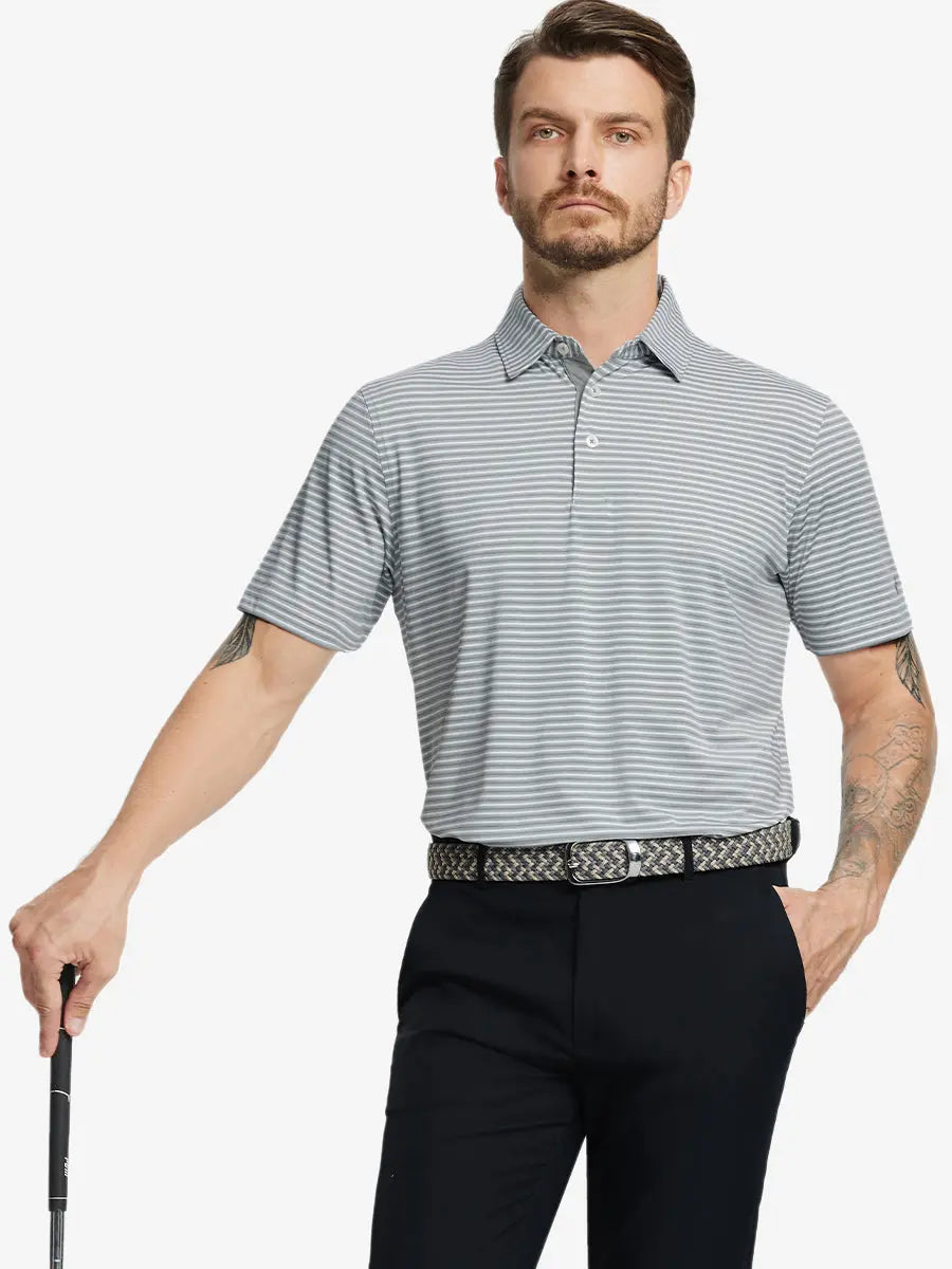 Front half-body shot of model holding golf club, wearing Sport Fit Stripe Polo in Grey White Stripe