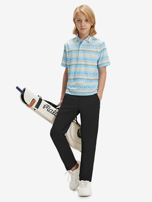 Full-body front view of model wearing the black youth water resistant cotton blend golf pants for a complete look