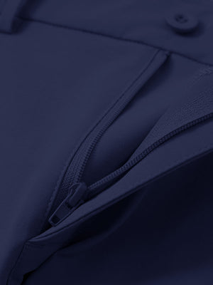 Detail view of the zipper on the dark blue youth water resistant cotton blend golf pants, highlighting secure closure