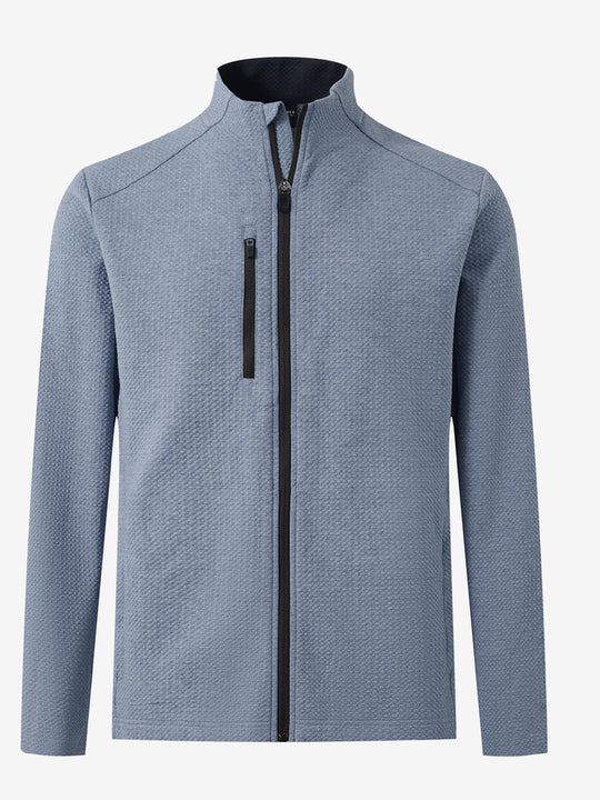 3D front view of textured insulated winter jacket showing insulated layers and sleek design, blue heather.