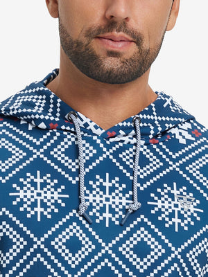 Upper front collar detail of trendy print fleece hoodies, neat stitching with dark blue snowflake accent