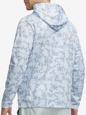 Back upper body view of trendy print fleece hoodies, showing structure and grey white camouflage tone