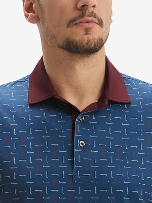 Close-up: nose to chest in red white golf club lightweight stretch upgraded print golf polo shirts