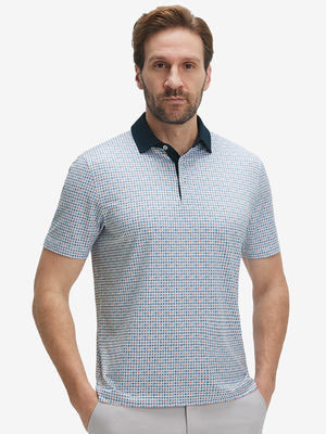 Front half-body of model in colorful vertical stripe lightweight stretch upgraded print golf polo shirts