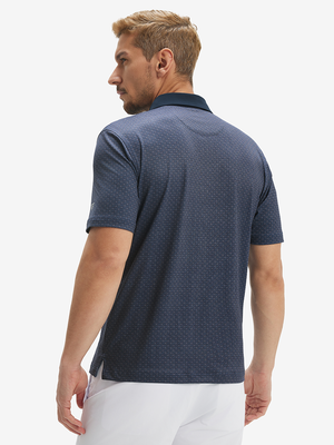 Back half-body of model in dark blue windmill lightweight stretch upgraded print golf polo shirts