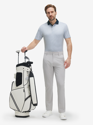 Full front: model in colorful vertical stripe lightweight stretch upgraded print golf polo shirts holding golf club.