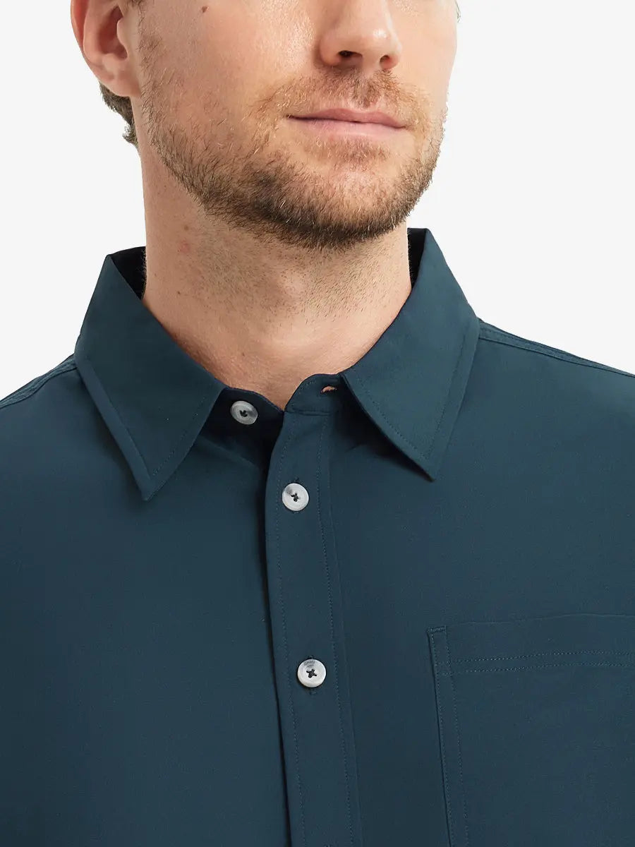 Front view from nose to chest showcasing the crisp BLUE INDIGO polo.