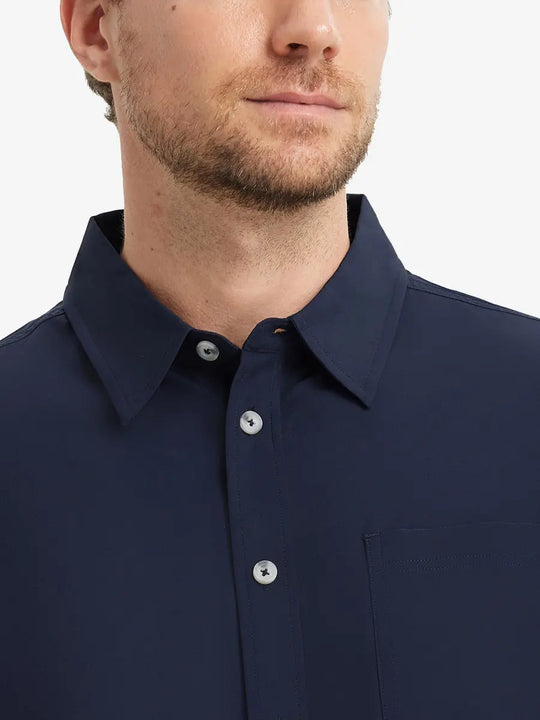 Front view from nose to chest showcasing the crisp NAVY polo.