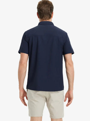 Half-body back view displaying the clean lines of the NAVY polo.