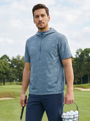 Water-Resistant Embossed Short Sleeve Q-Zip Hoodies