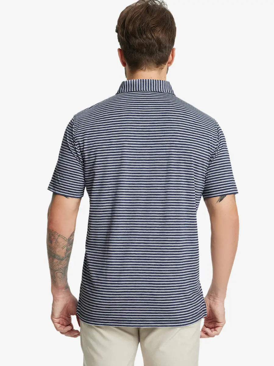 Back half-body shot of model showcasing the back of Sport Fit Stripe Polo in Navy Stripe