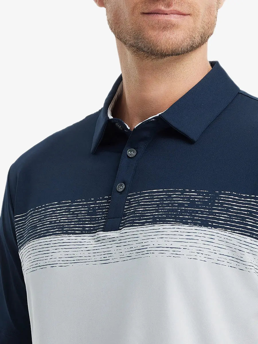 Front view from nose to chest in NAVYGLACIER GREY Premium Performance Polo