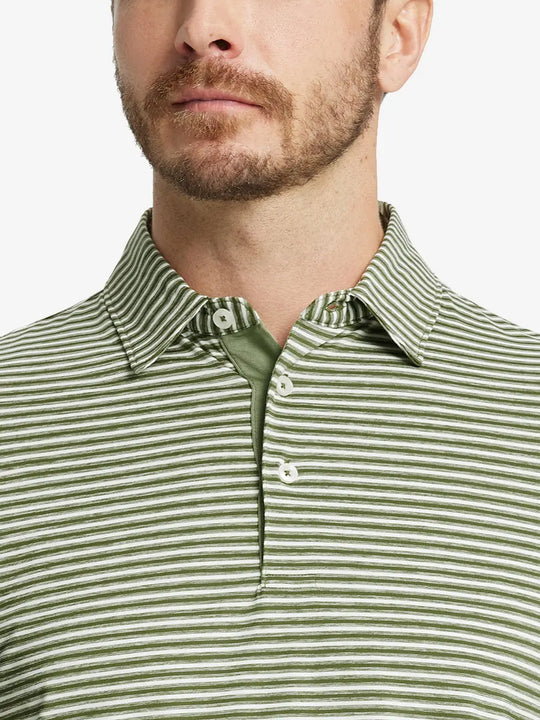 Front close-up shot of model from nose to chest wearing Sport Fit Stripe Polo in Olive Green Stripe