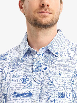 Front view from nose to chest wearing WHITE COMPASS MAP Stylish Printing Summer Shirt.