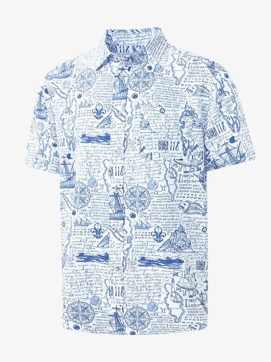 3D display of WHITE COMPASS MAP Stylish Printing Summer Shirt.