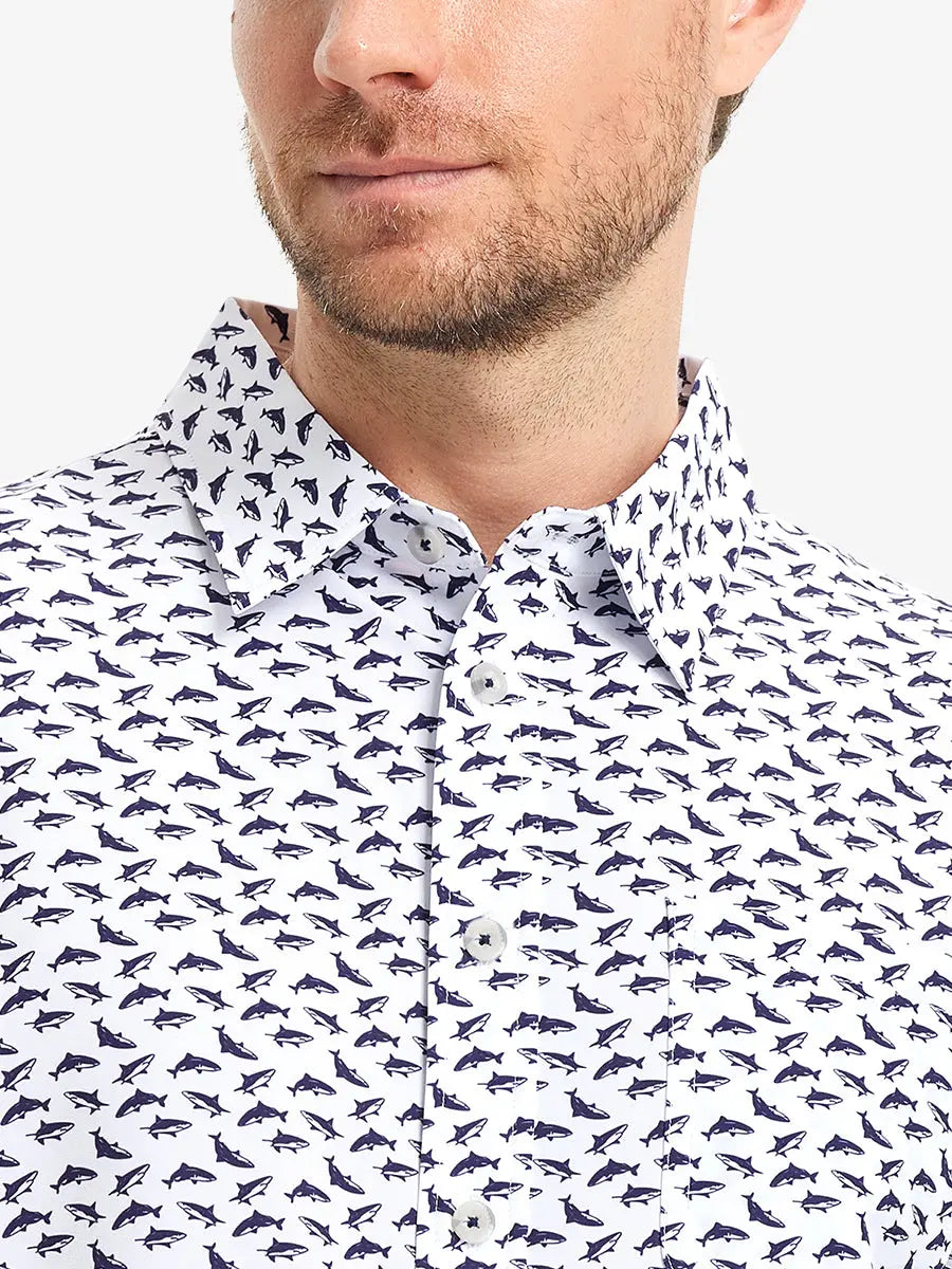 Front view from nose to chest wearing WHITE PURPLE SHARK Stylish Printing Summer Shirt.