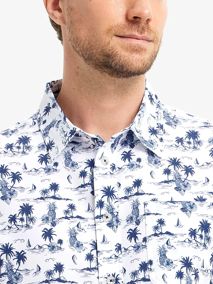 Front view from nose to chest wearing WHITE SAND PINEAPPLE Stylish Printing Summer Shirt.