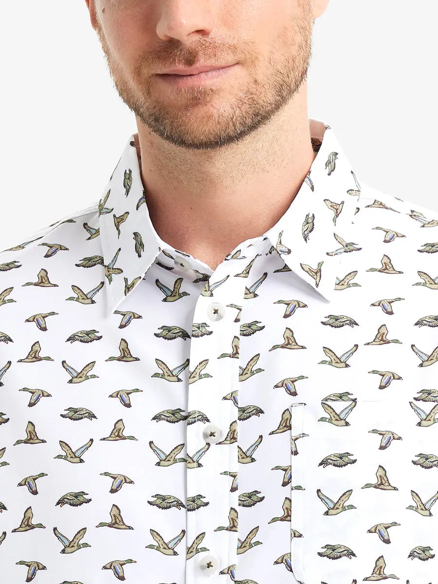 Front view from nose to chest wearing WHITE WILD GOOSE Stylish Printing Summer Shirt.