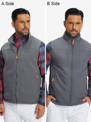 Model wearing dark grey windproof fleece reversible golf vest showcasing both sides of the reversible design.